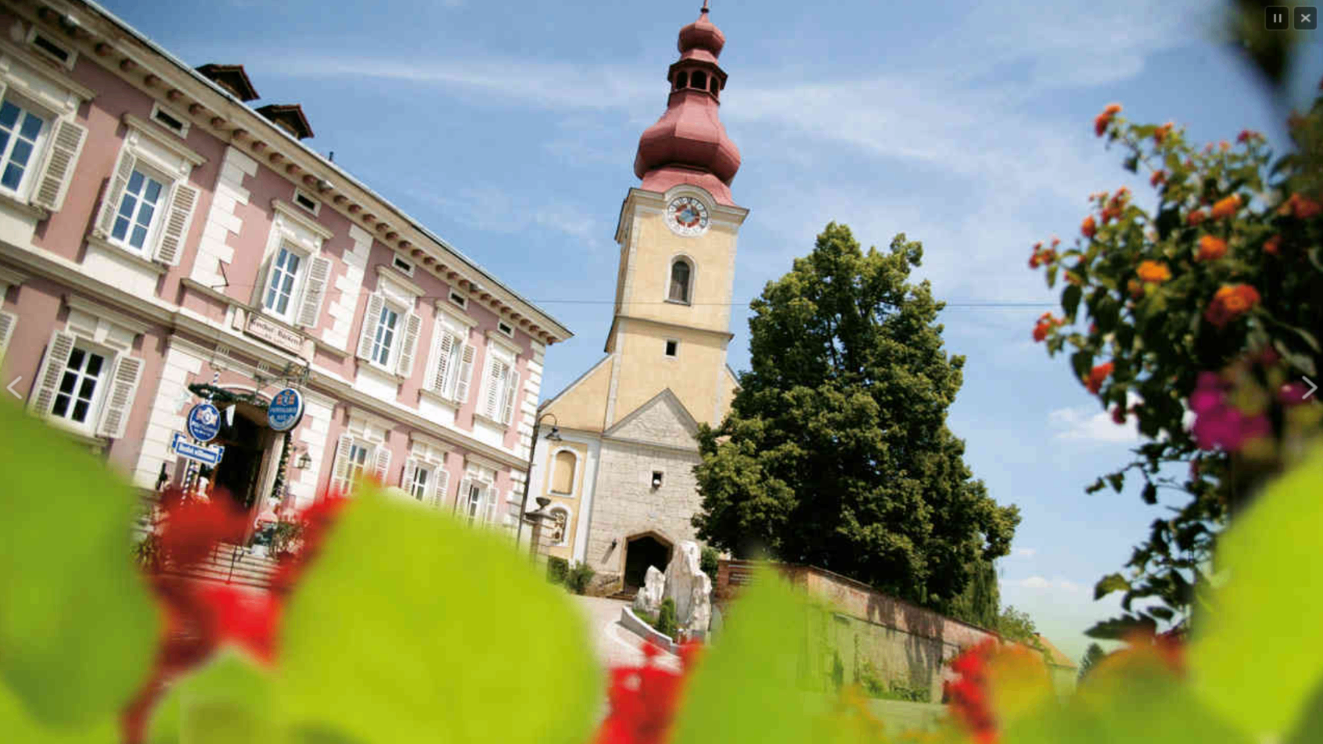 Kirchberg an der Raab parish church tower beside the historic pink Gasthof, framed by summer flowers