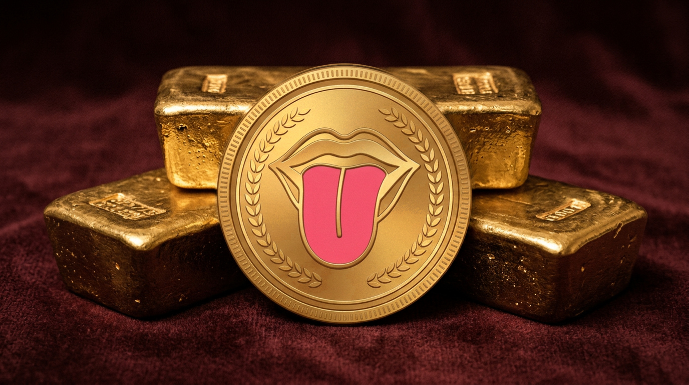 Embossed gold $TONGUING laurel coin with the pink tongue mark.